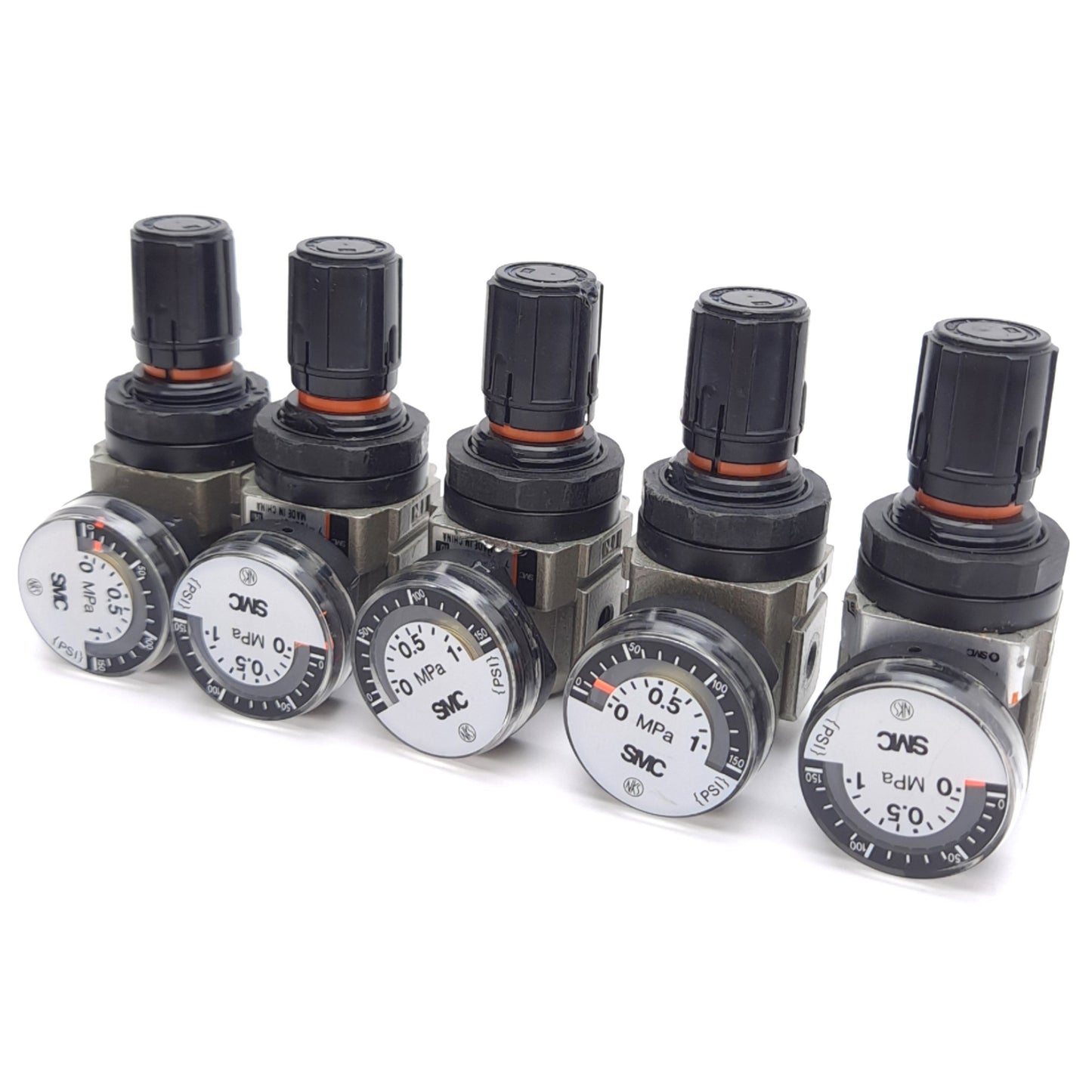 Used Lot of 5 SMC AR10-M5-Z Pneumatic Regulators, 7-100psi, M5 x 0.8 Ports, W/ Gauge