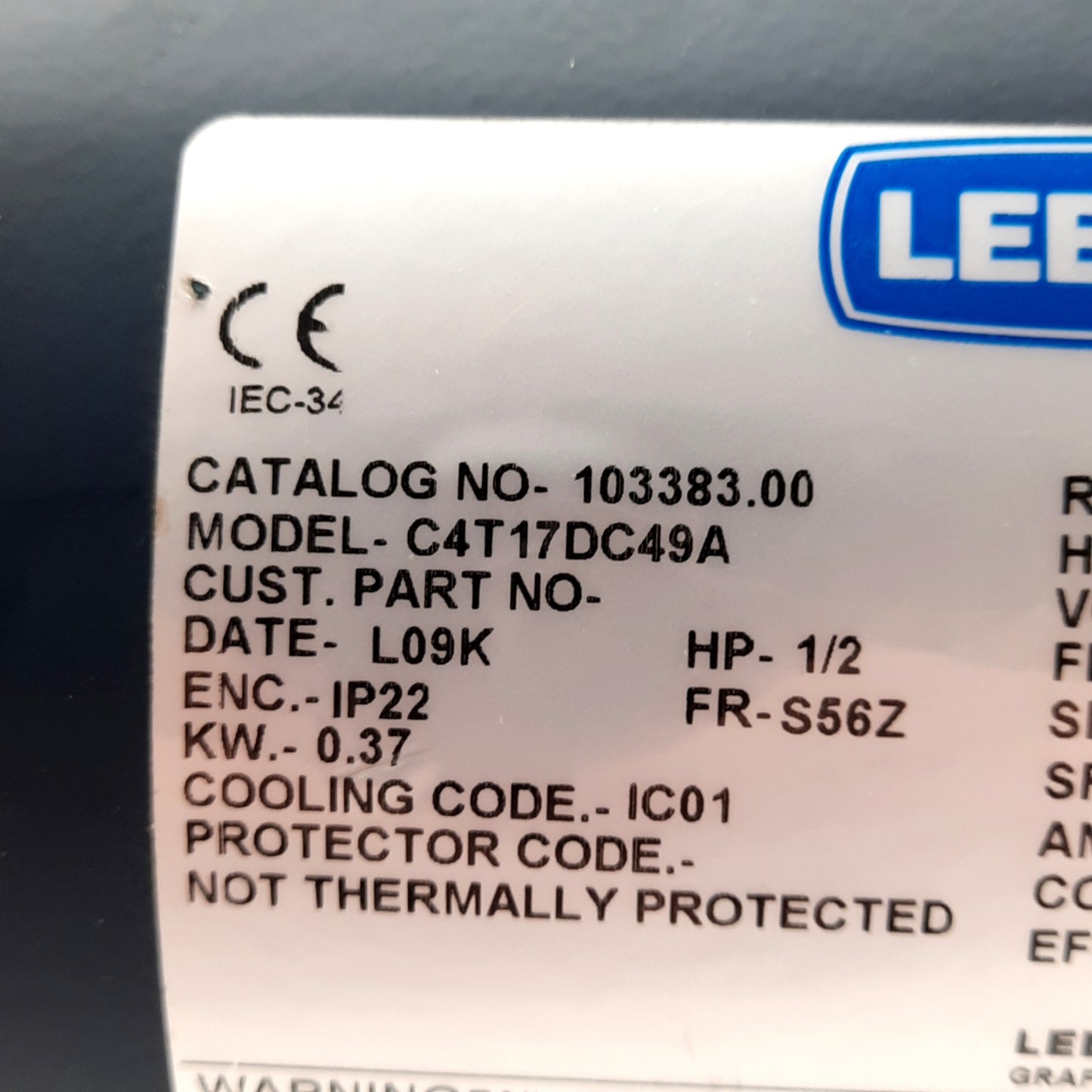 Used Leeson Electric C4T17DC56A General Purpose Motor, 3PH 208-230/460VAC, S56C Frame