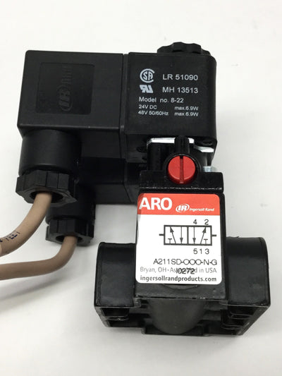 Used Aro Fluid A211SD-024-N-G Pneumatic Valve 2-Position 4-Way, 1/8" NPT, 24VDC Coil