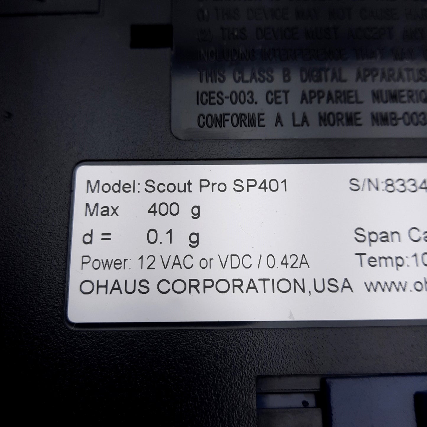 Used Ohaus SP401 Scout Pro Balance Scale, 400g Capacity, 0.1g Resolution, ø120mm Pan