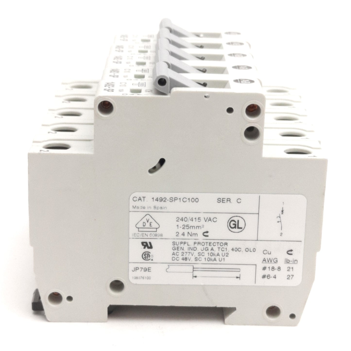Used Lot of 5 Allen Bradley 1492-SP1C100 Circuit Breakers 240/415VAC, 10A, DIN Rail