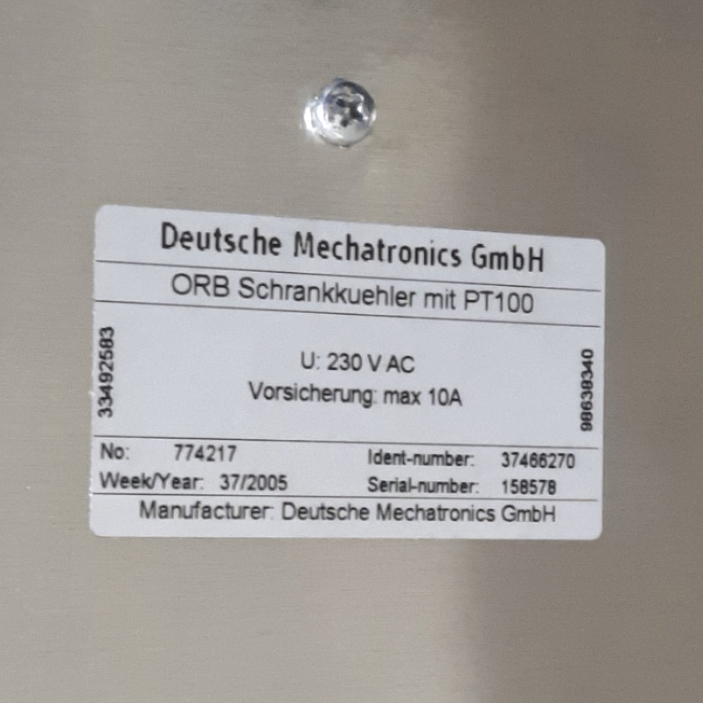 Used Mechatronics 774217 37466270 ORB Cabinet Cooler, 230VAC 10Amps Max, G1/2, PT100