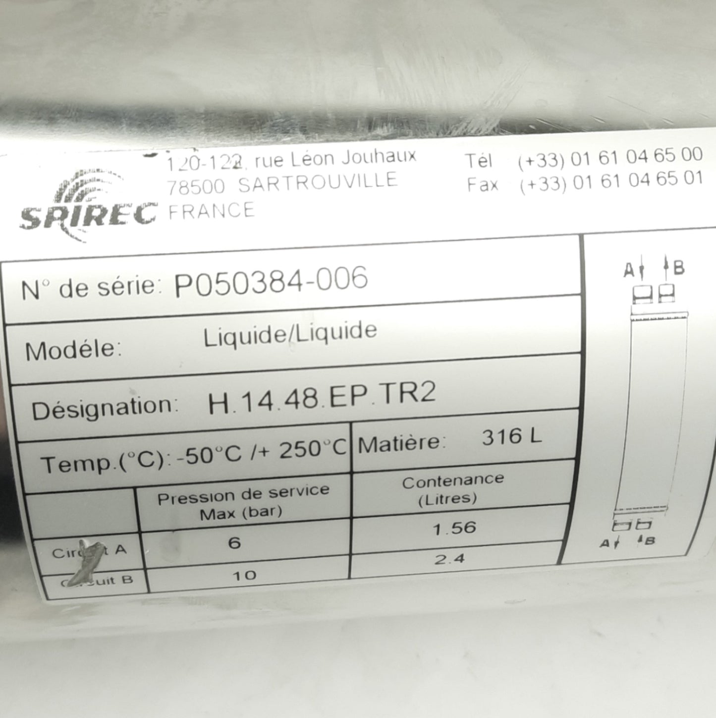 Used Spirec H.14.48.EP.TR2 Dbl Cross Current Heat Exchanger 1-1/4 & 1/2 BSP, 2.4/1.5L