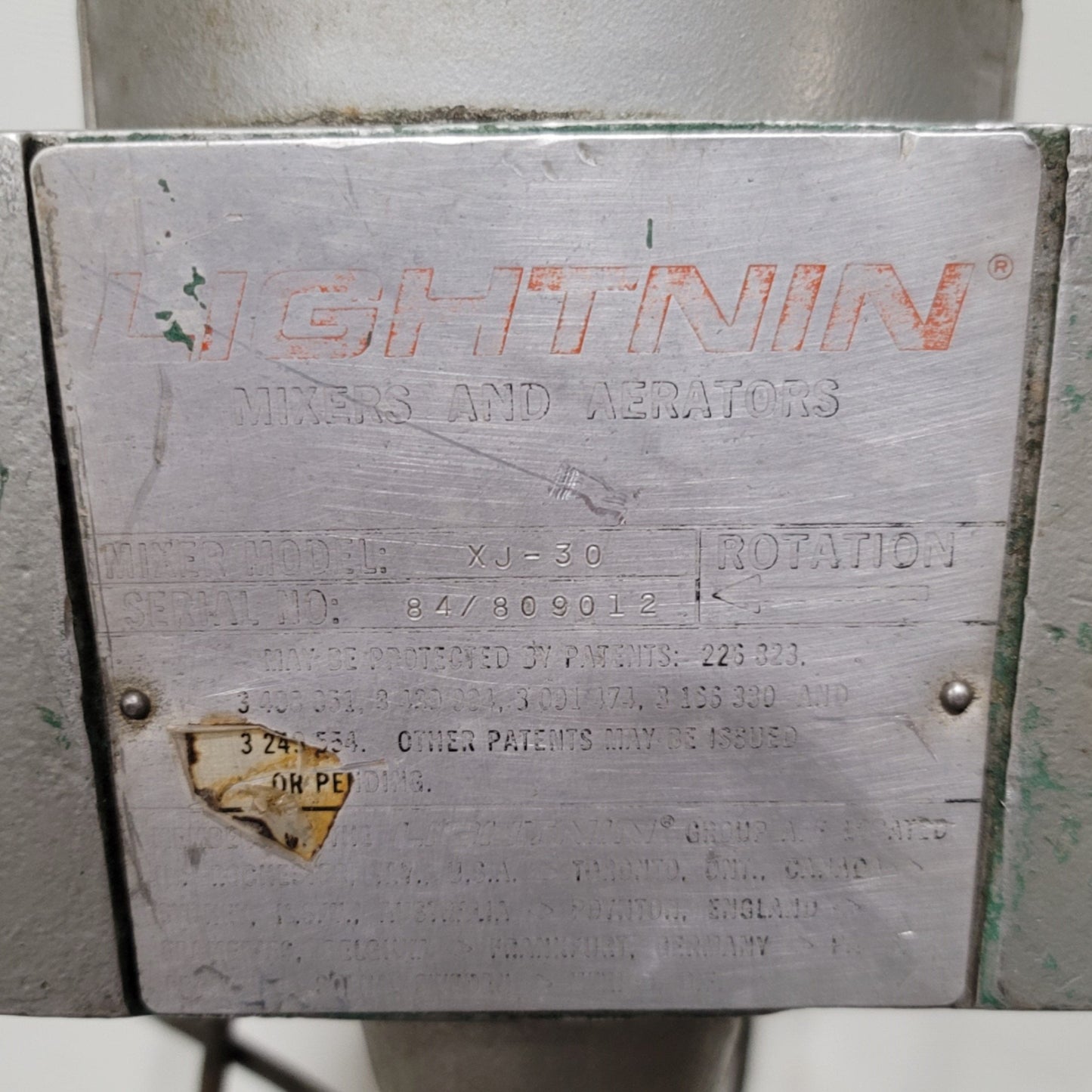Used Lightnin XJ-30 Clamp Mount Gear Drive Mixer With A310 Impeller 0.3HP, 115/230VAC