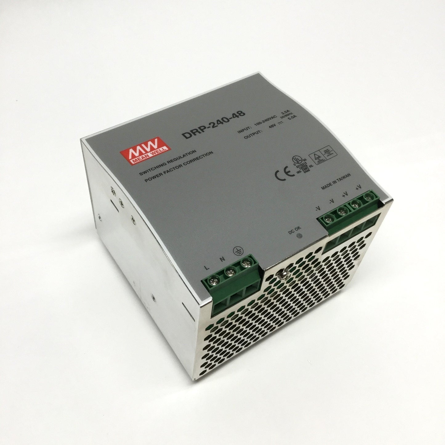 Used Mean Well DRP-240-48 Power Supply, 48VDC 5A Output, 100-240VAC 3.5A Input