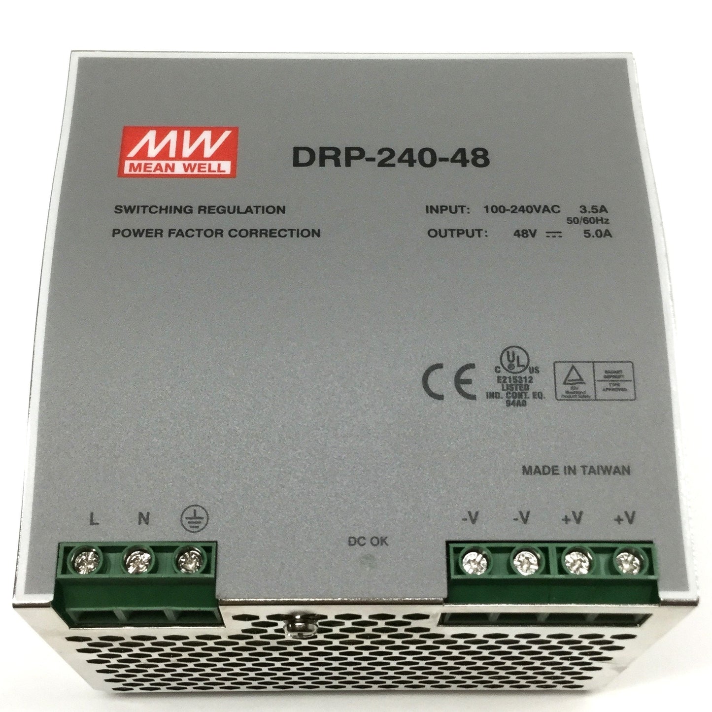 Used Mean Well DRP-240-48 Power Supply, 48VDC 5A Output, 100-240VAC 3.5A Input