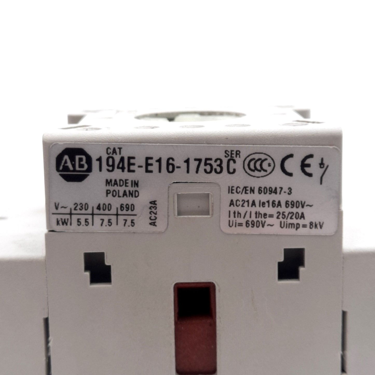 Used Allen Bradley 194E-E16-1753 Disconnect Switch, 3-Pole, 600VAC 16A, DIN Rail