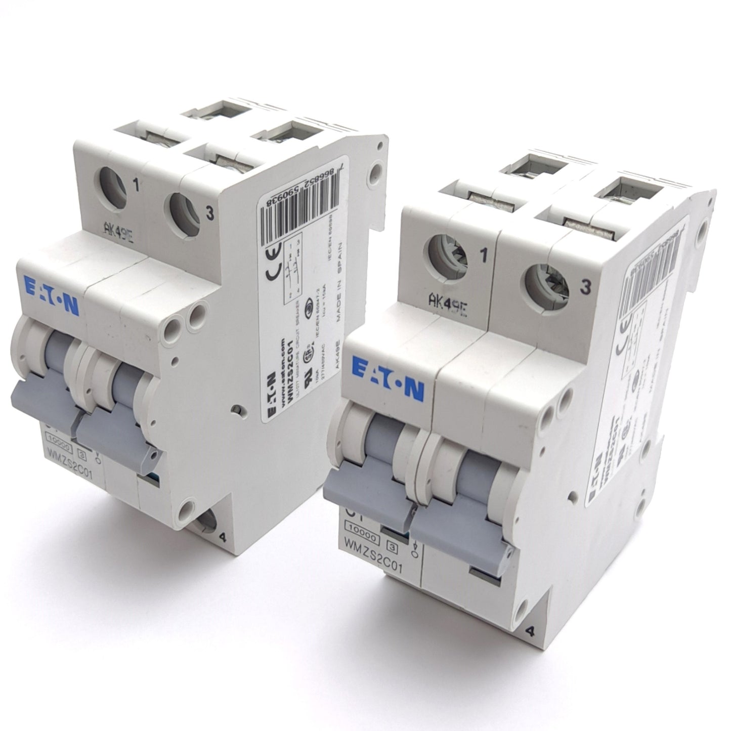 Used Lot of 2 Eaton WMZS2C01 Circuit Breaker, 2-Pole, C-Curve, 277/480VAC 1A