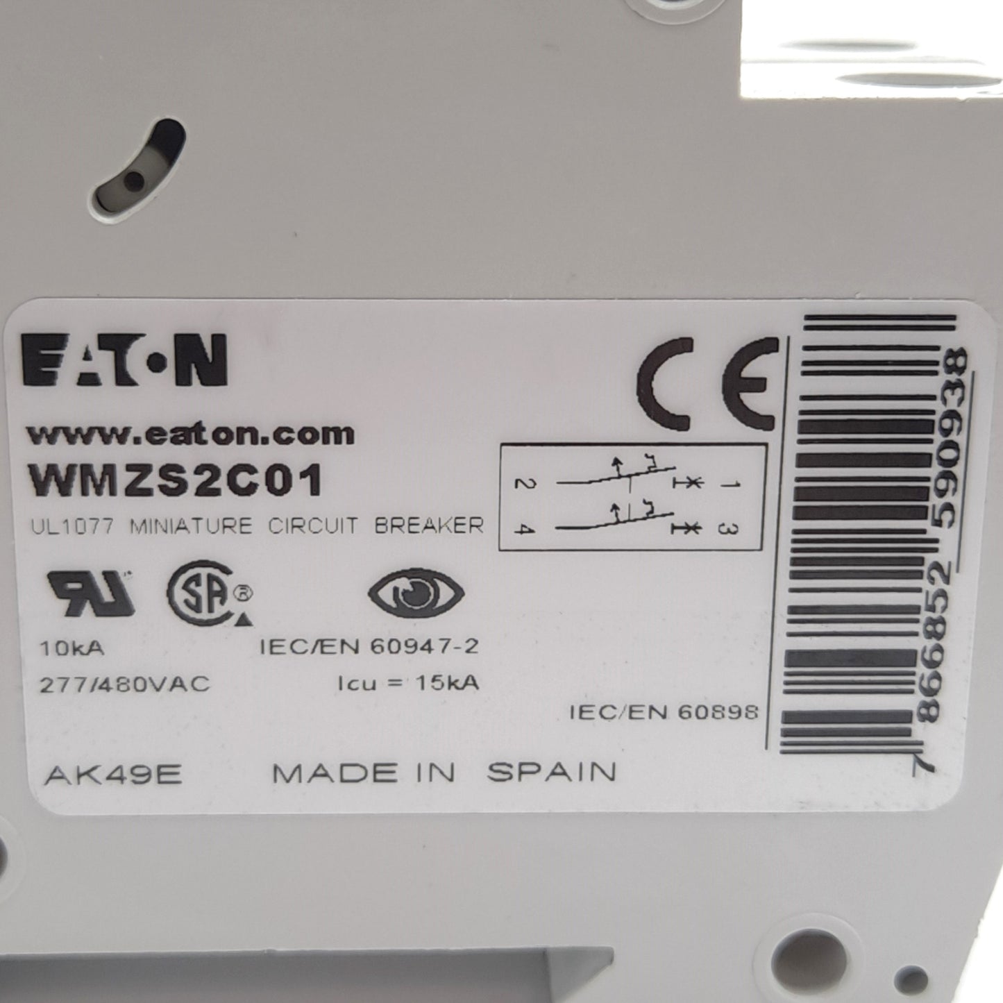 Used Lot of 2 Eaton WMZS2C01 Circuit Breaker, 2-Pole, C-Curve, 277/480VAC 1A