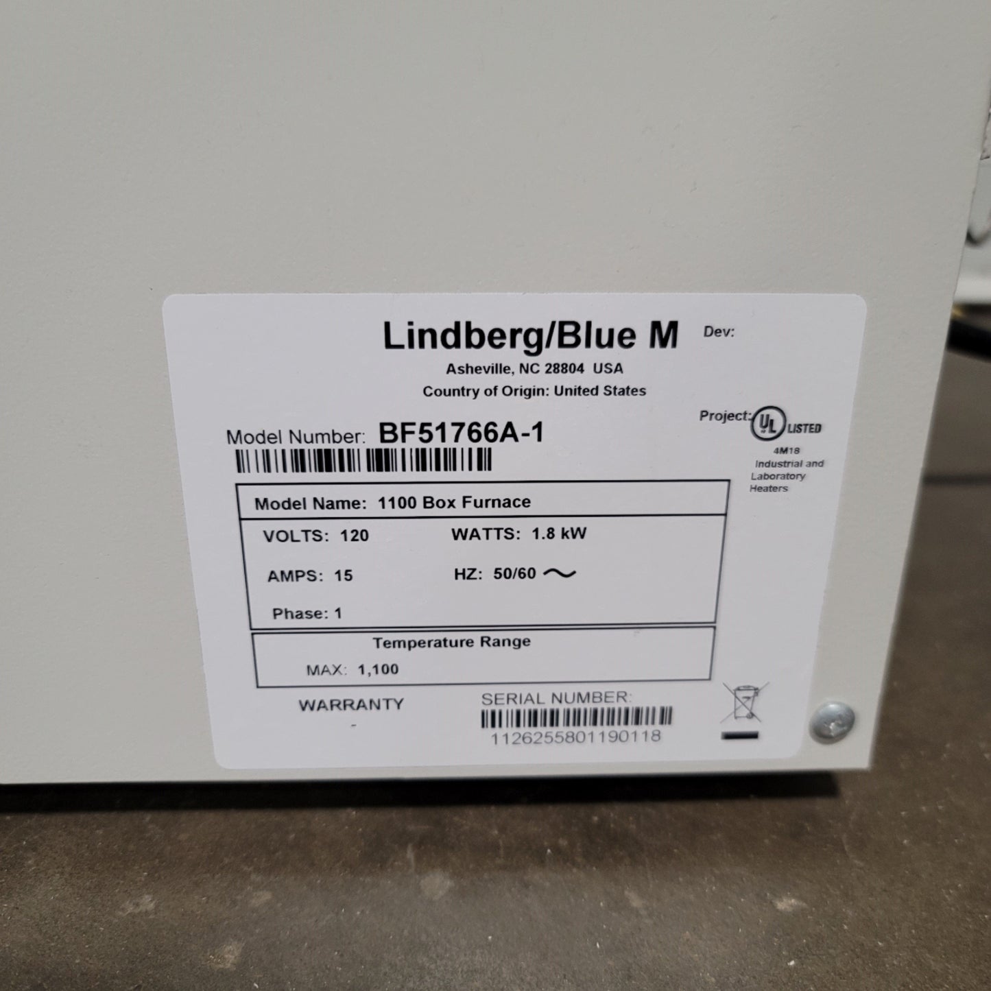 Used Lindberg Blue M BF51766A-1 Moldatherm Box Furnace W/Alarm 100-1100°C 120VAC 15A