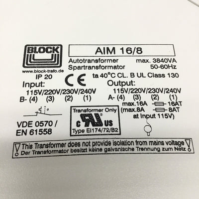 Used Block AIM 16/8 Autotransformer, 1-PH, 115/220/230/240VAC Pri/Sec, 8-16A, 3840VA