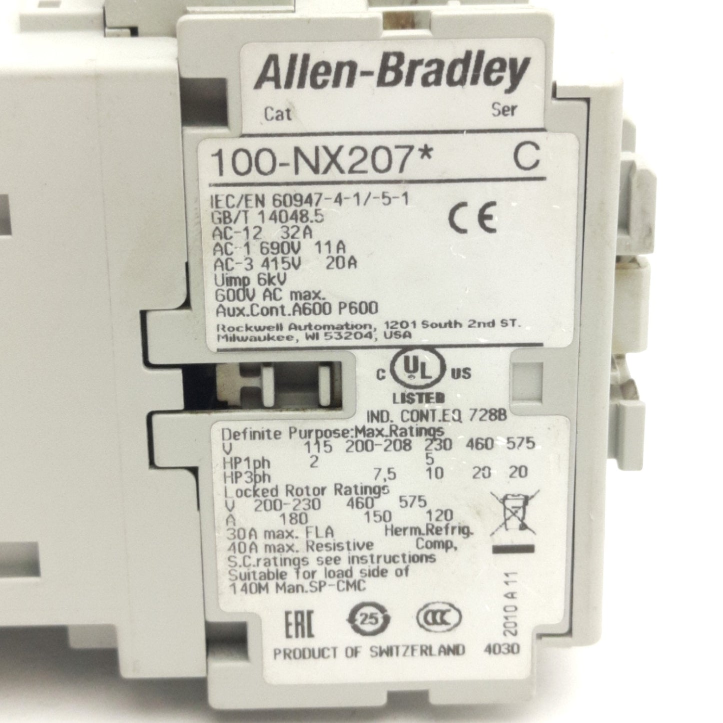Used Allen Bradley 100-NX207 Contactor 3-Pole, 690VAC Max, 32A, 110/120V AC Coil