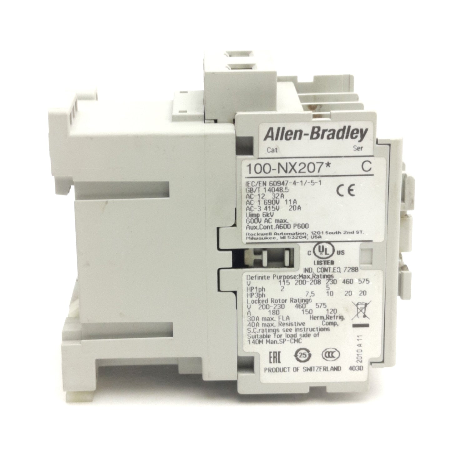 Used Allen Bradley 100-NX207 Contactor 3-Pole, 690VAC Max, 32A, 110/120V AC Coil