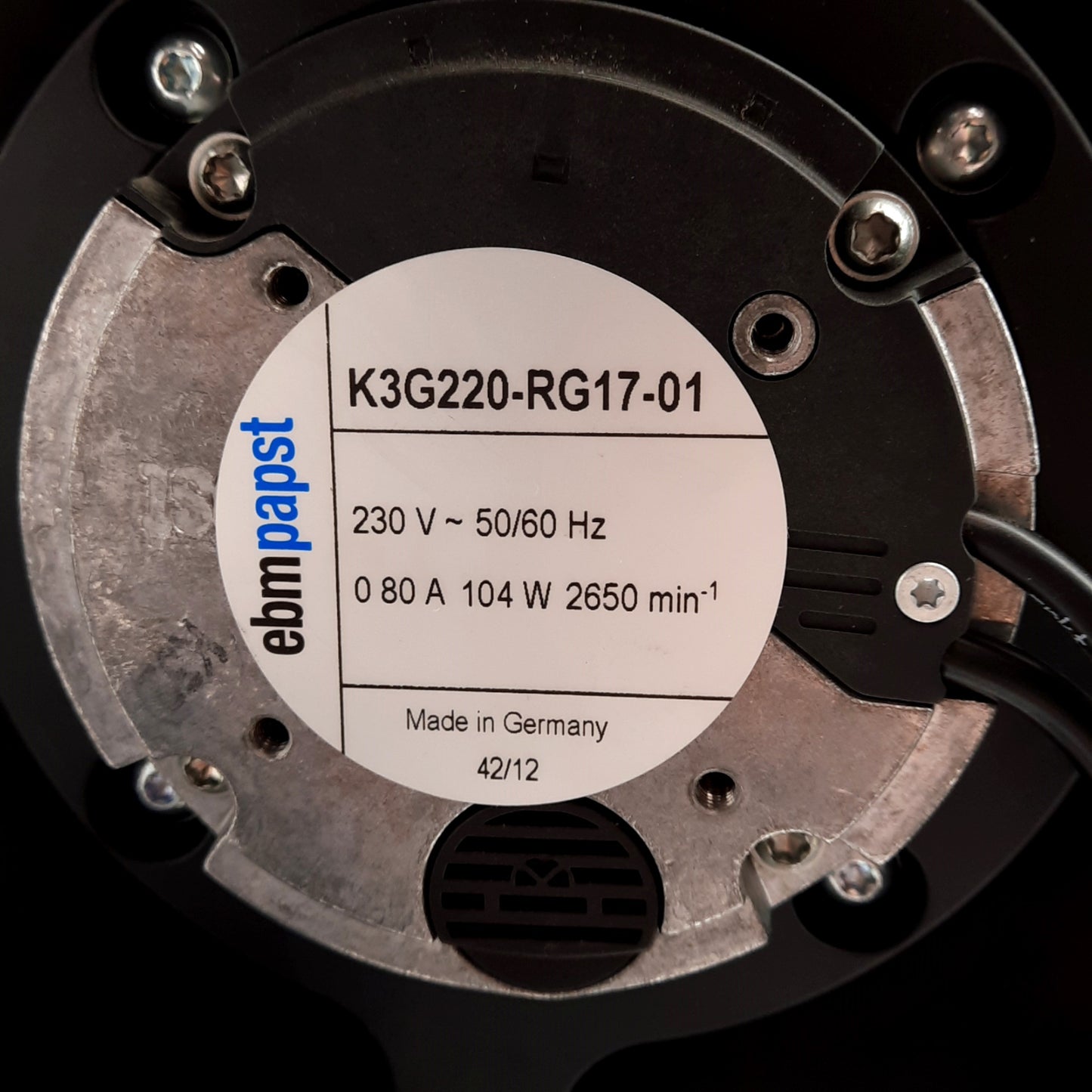 Used ebmpapst K3G220-RG17-01 EC Centrifugal Fan, 230VAC 0.8A, 104W, 2650RPM