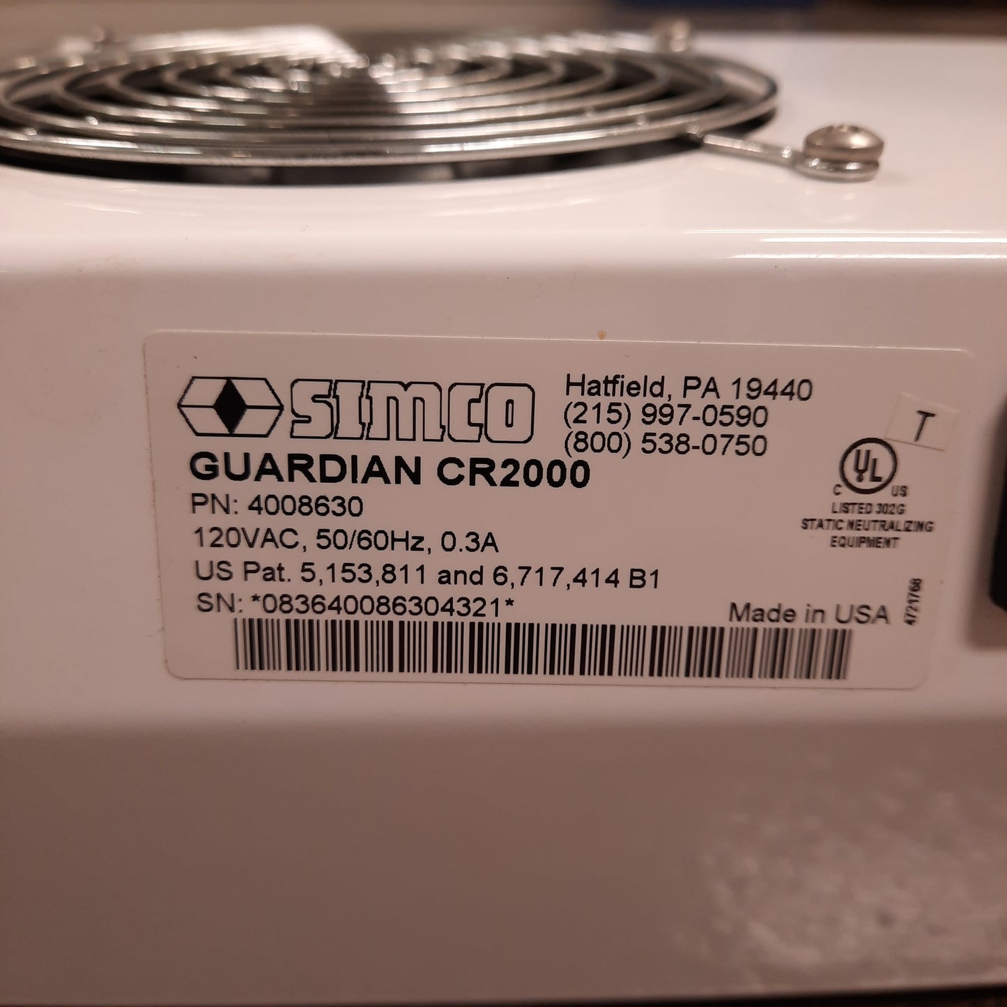 Used Simco 4008630 Guardian CR2000 Ionizing Air Blower, 3-Fan, 120VAC, 135/270cfm