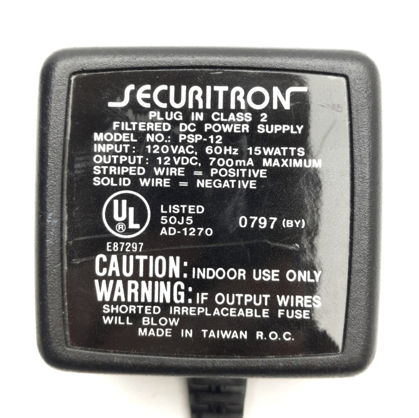 Used Securitron PSP-12 Plug-In Power Supply, 120VAC Input, 12VDC 700mA Output