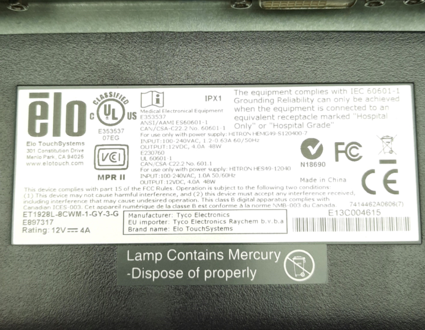 Used Elo ET1928L-8CWM-1-GY-3-G ItelliTouch Monitor 19in, 1280x1024, SAW, VGA/DVI-D