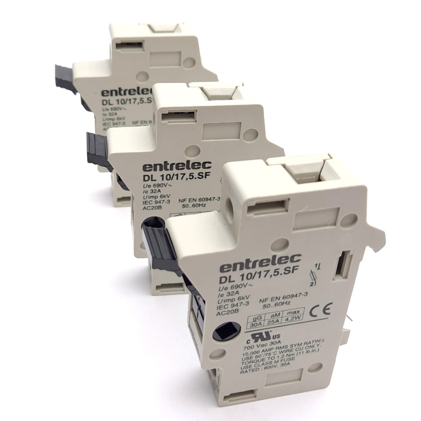 Used Lot of 3 Entrelec DL 10/17,5.SF Fuse Holder, 30A 600VAC Rating, 1-Pole