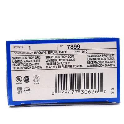 Open box Leviton 7899 SmartLockPro GFCI Dual Receptacle, Brown, 125V 20A, NEMA 5-20