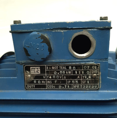 Used WEG 3~MotorTeal800701 Pump Motor, 460V 3-Ph, 0.55kW, 1110RPM, FF80 Frame