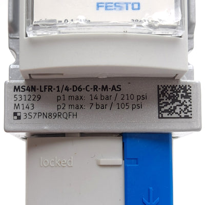 New – Open box Festo MS4N-LFR-1/4-D6-CRM-AS Filter Regulator, 1500 l/min, 1/4in NPT, 5µm