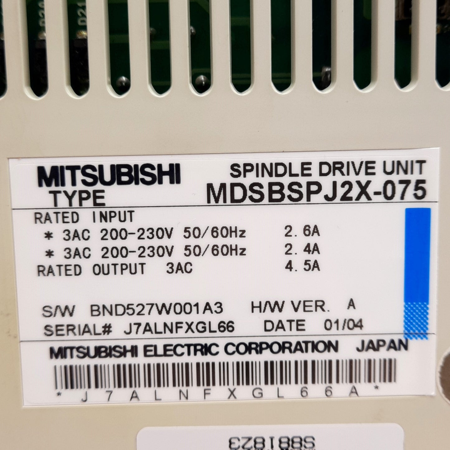 Used Mitsubishi MDSBSPJ2X-075 Spindle Drive Unit, 3PH 200-230VAC Input, 0.75kW Output