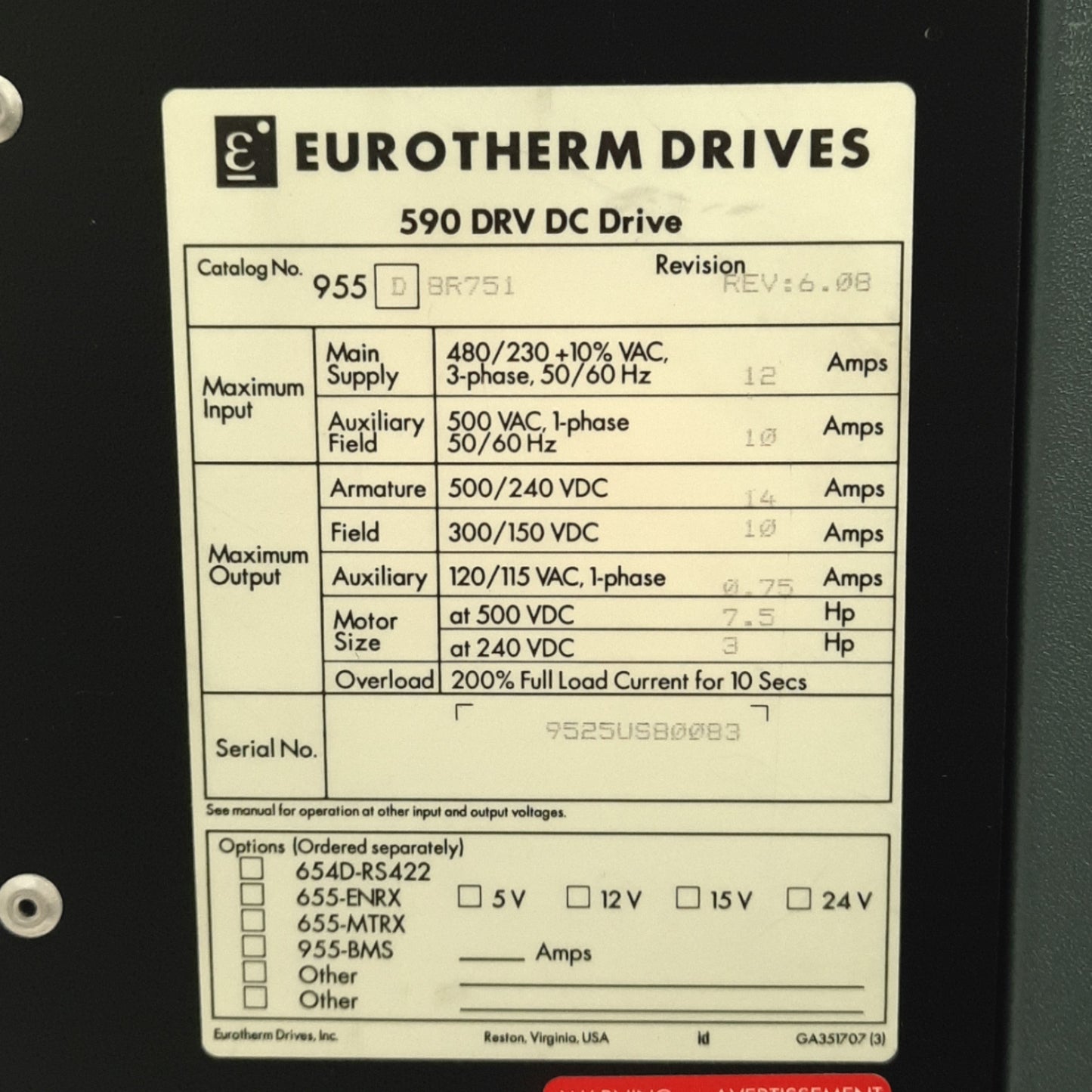 Used Eurotherm Drives 955DBR751 DC Motor Drive 480/230V 3-Ph AC Supply, 7.5HP Output