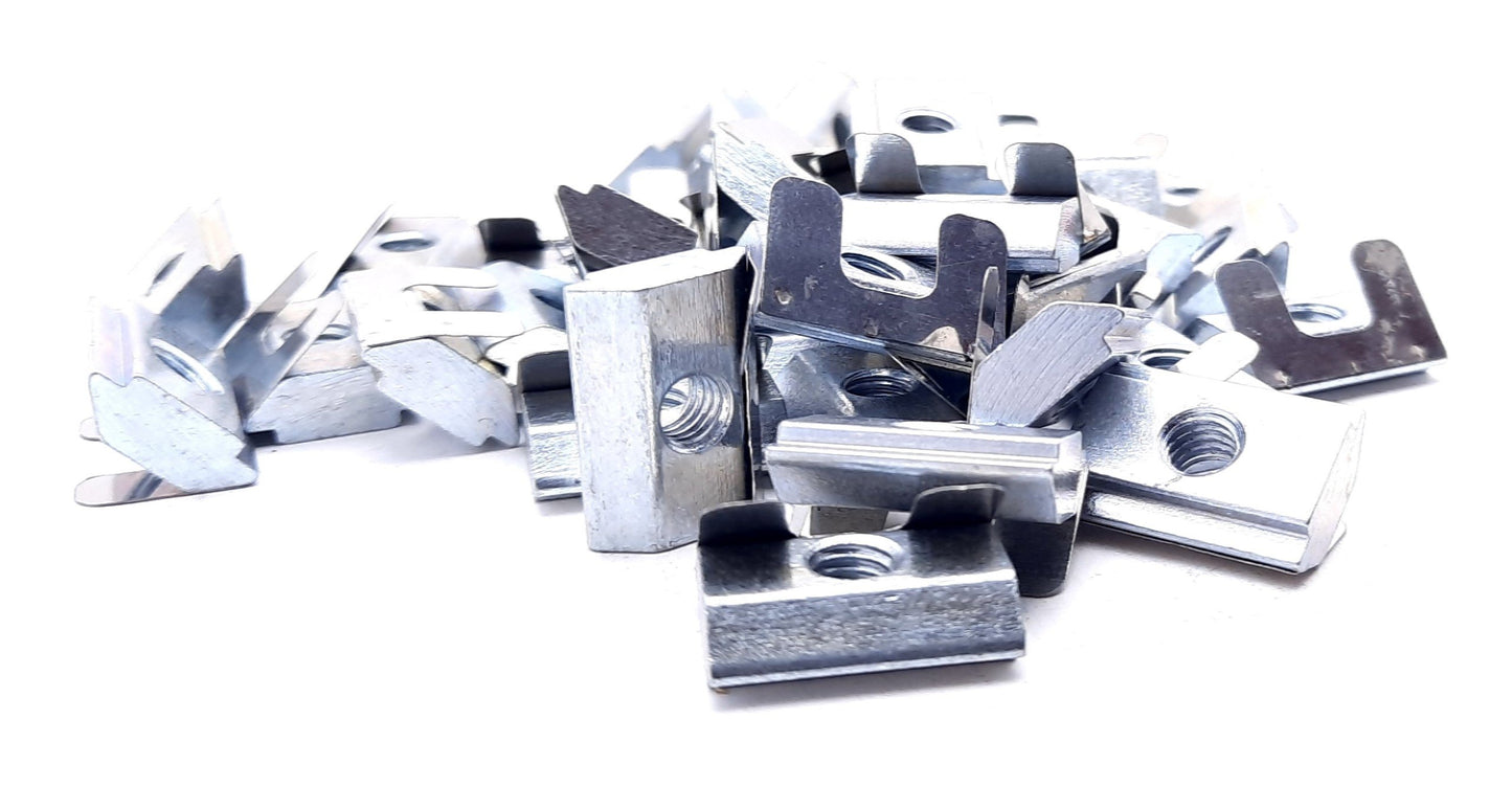 New – Open box Lot of 35 80/20 13061 Short Self-Aligning Roll-in T-Nut w/Spring Leaf 45 Series