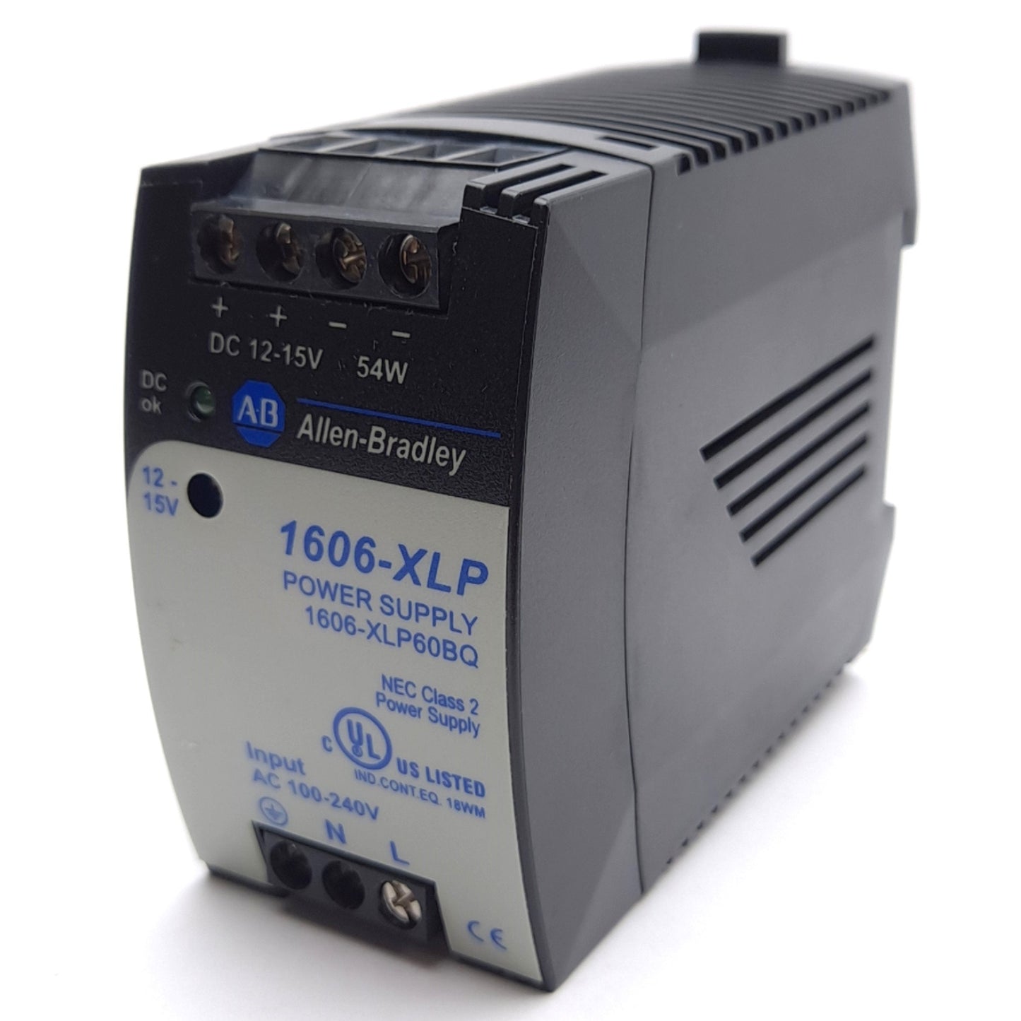 Used Allen Bradley 1606-XLP60BQ Power Supply, 100-240VAC/110-300VDC In, 12-15VDC Out