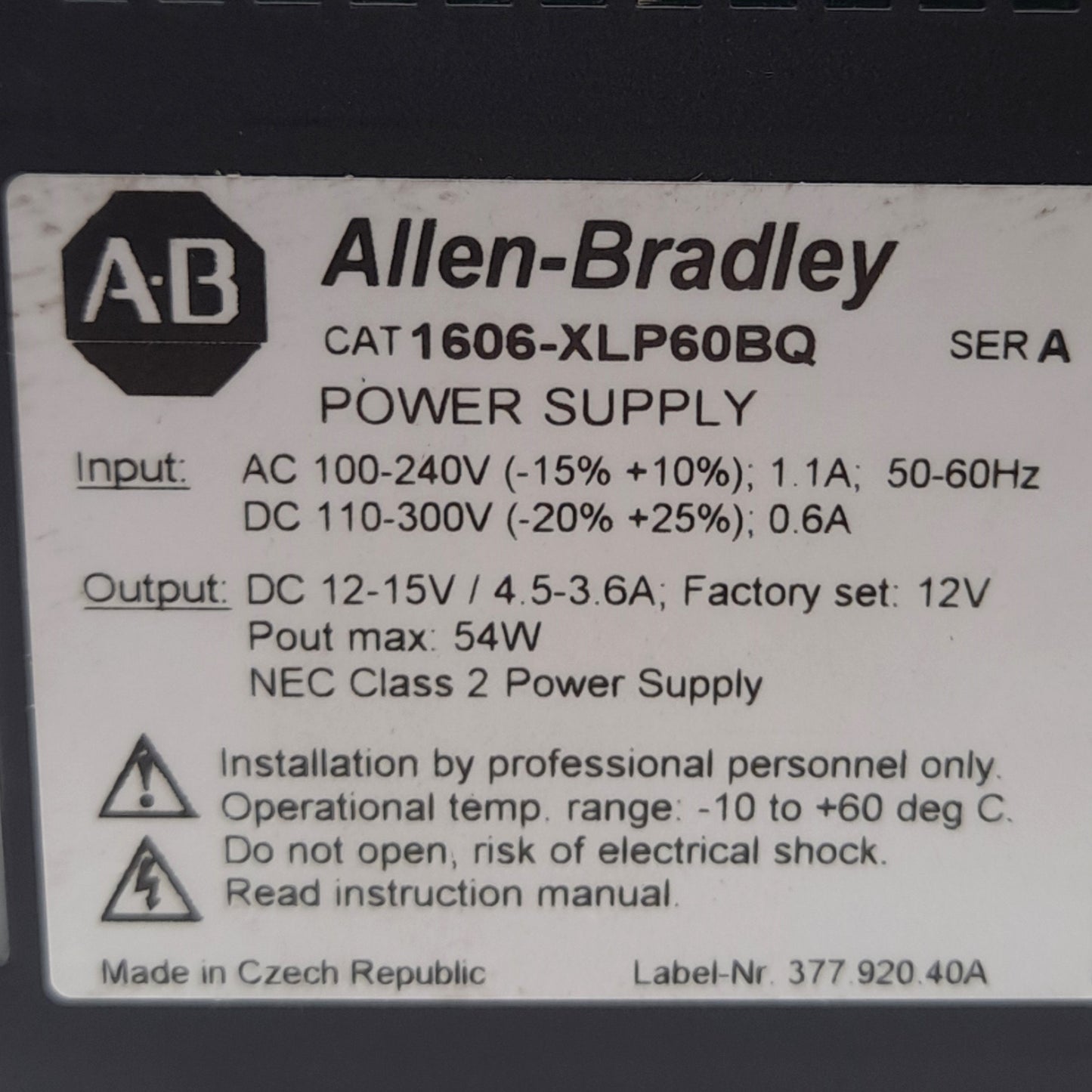 Used Allen Bradley 1606-XLP60BQ Power Supply, 100-240VAC/110-300VDC In, 12-15VDC Out