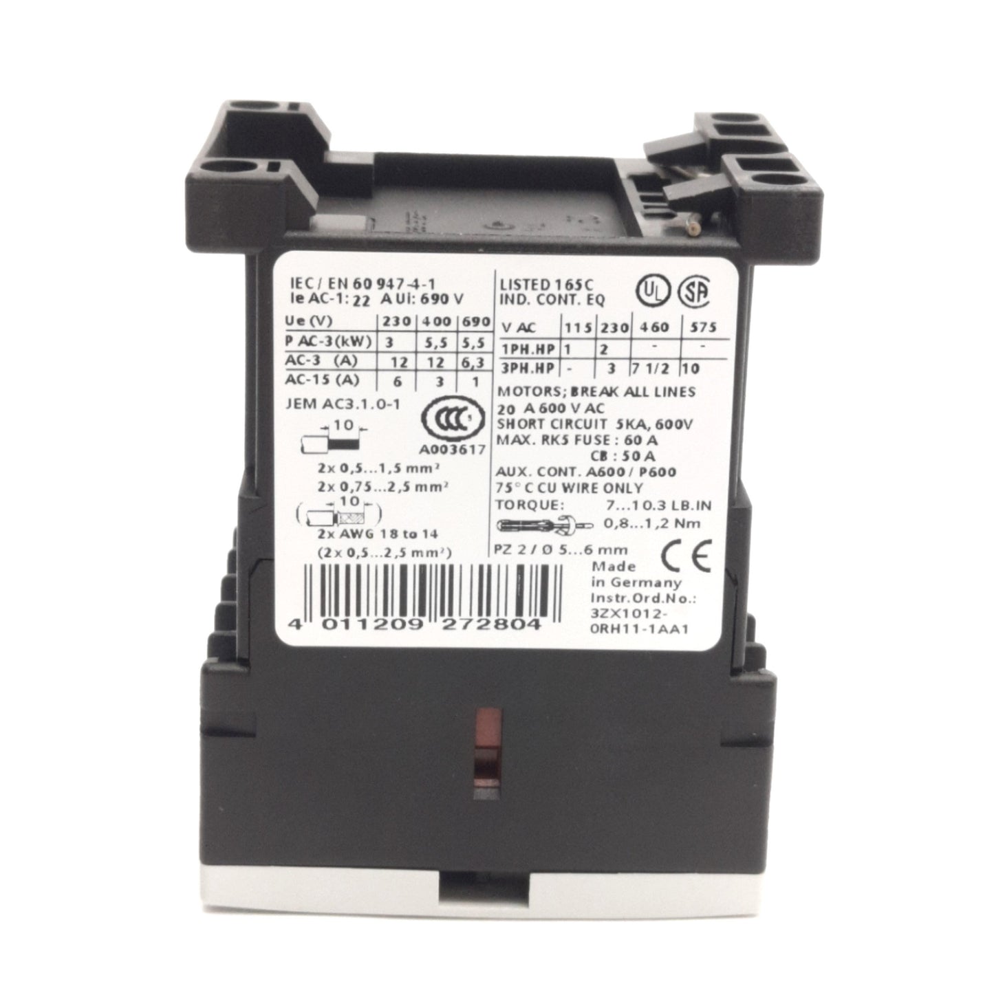 Used Siemens 3RT1017-1AB01 Motor/Power Contactor, 3-Pole+NO, 12A 600V AC, 24VAC Coil