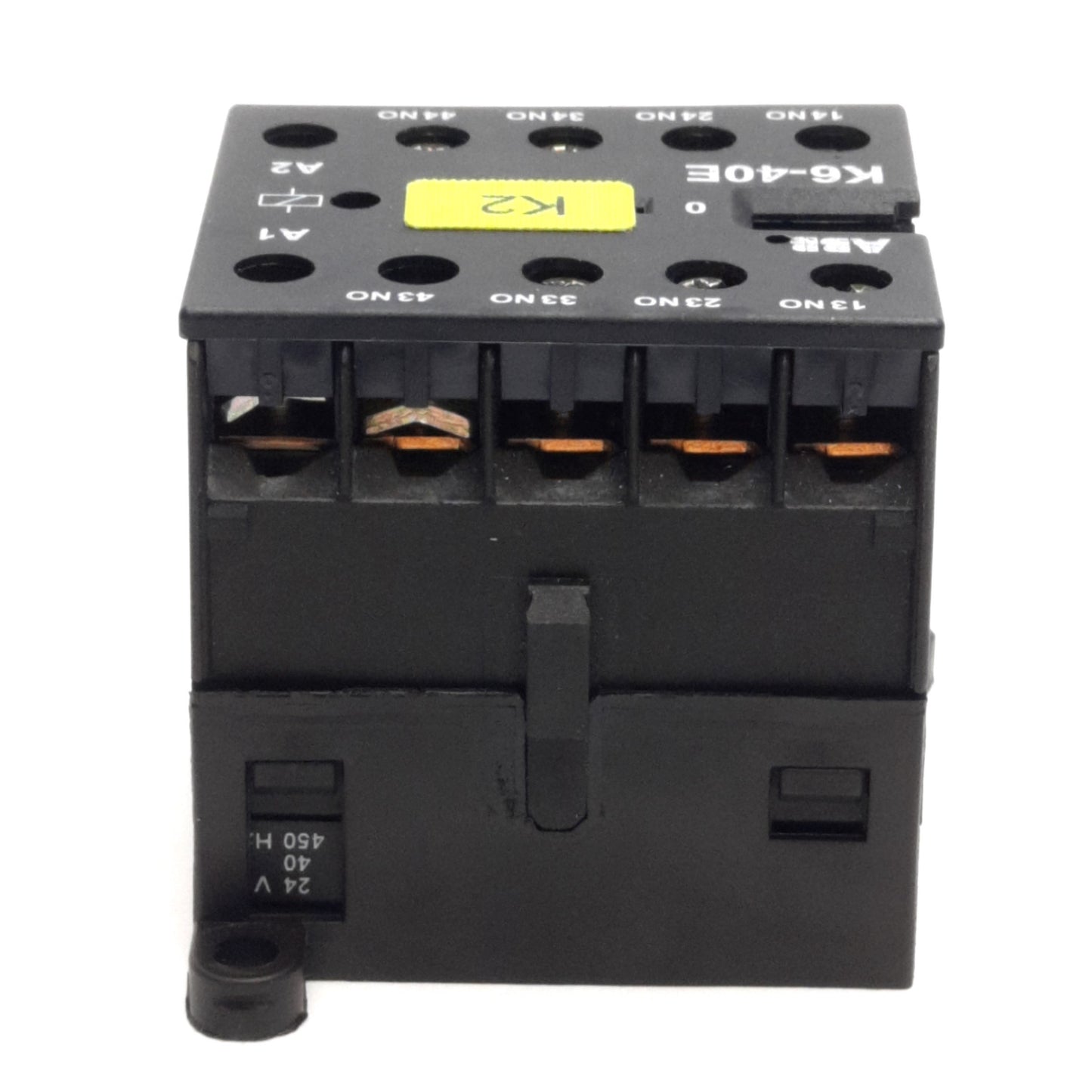 Used ABB K6-40E Mini Contactor, 4-NO, 600VAC 5A, DIN Mount, 24VAC 40-450Hz Coil