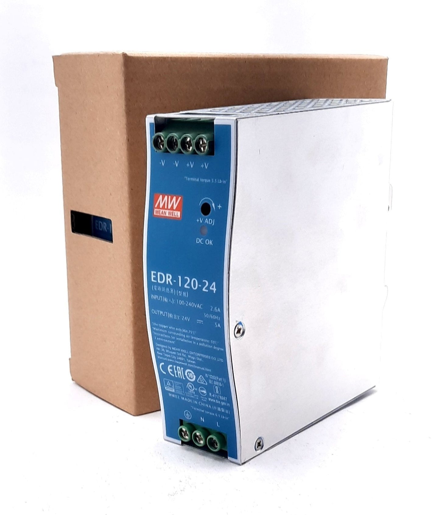 New Mean Well EDR-120-24 Enclosed AC-DC Power Supply 90-240VAC, 24VDC 5A, 120W