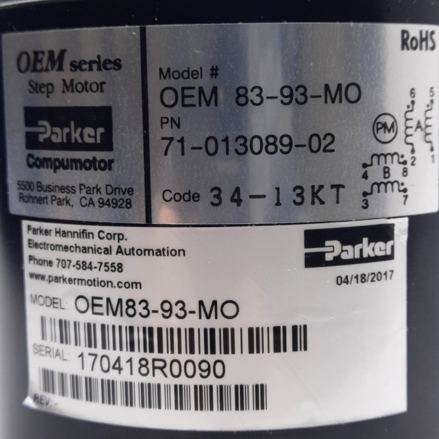 New – Open box Parker OEM 83-93-MO Stepper Motor, 1.3A, 260oz-in Torque, 4-Wire Leads, NEMA 34