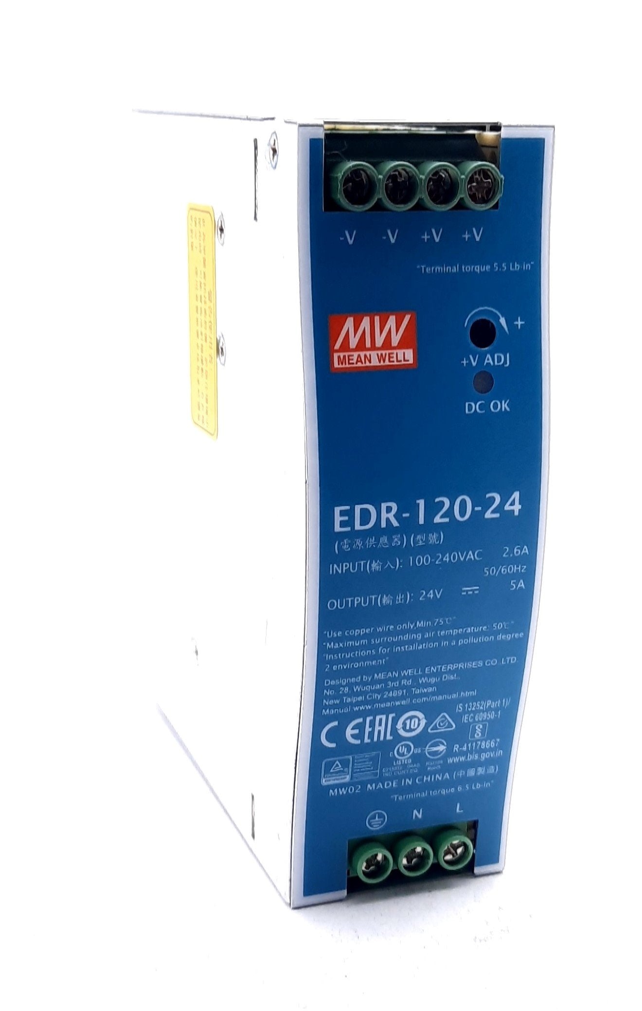 New – Open box Mean Well EDR-120-24 Enclosed AC-DC Power Supply 90-240VAC, 24VDC, 5A, 120W