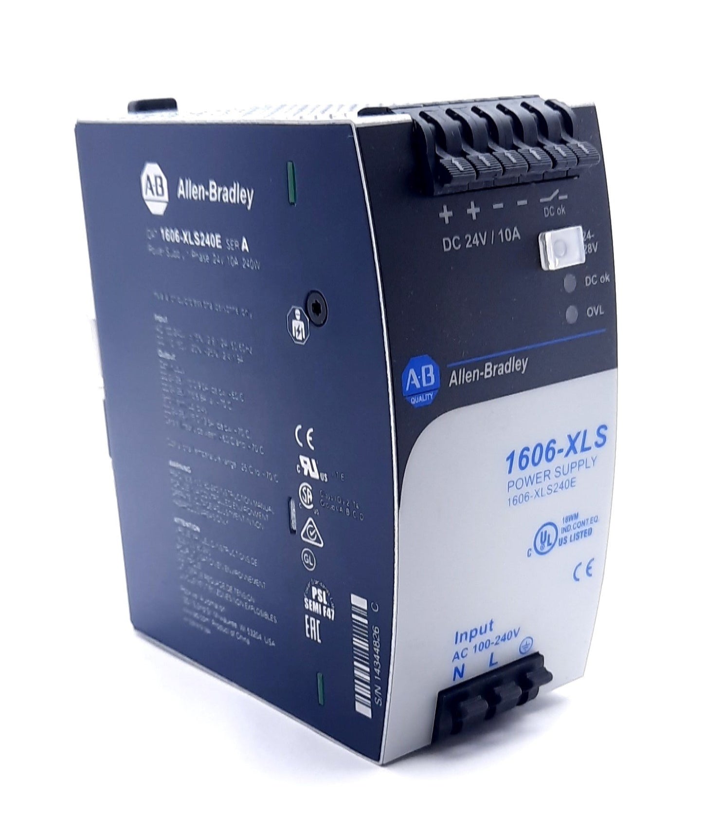 New – Open box Allen Bradley 1606-XLS240E DIN Power Supply, 100-240VAC In, 24VDC 10A Out, 240W