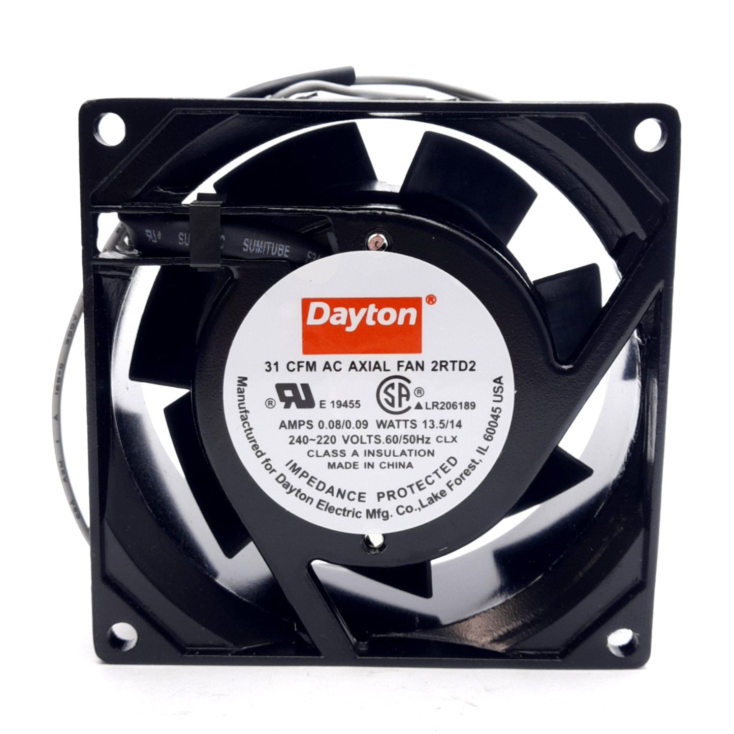 New – Open box Dayton 2RTD2 AC Axial Fan, 31CFM, 240VAC 0.8A 13.5W, 80mm x 80mm x 38.5mm