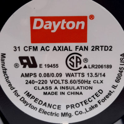 New – Open box Dayton 2RTD2 AC Axial Fan, 31CFM, 240VAC 0.8A 13.5W, 80mm x 80mm x 38.5mm
