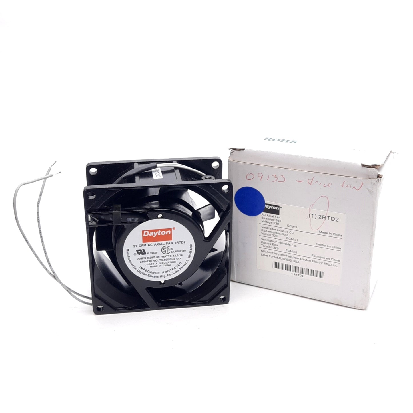 New – Open box Dayton 2RTD2 AC Axial Fan, 31CFM, 240VAC 0.8A 13.5W, 80mm x 80mm x 38.5mm