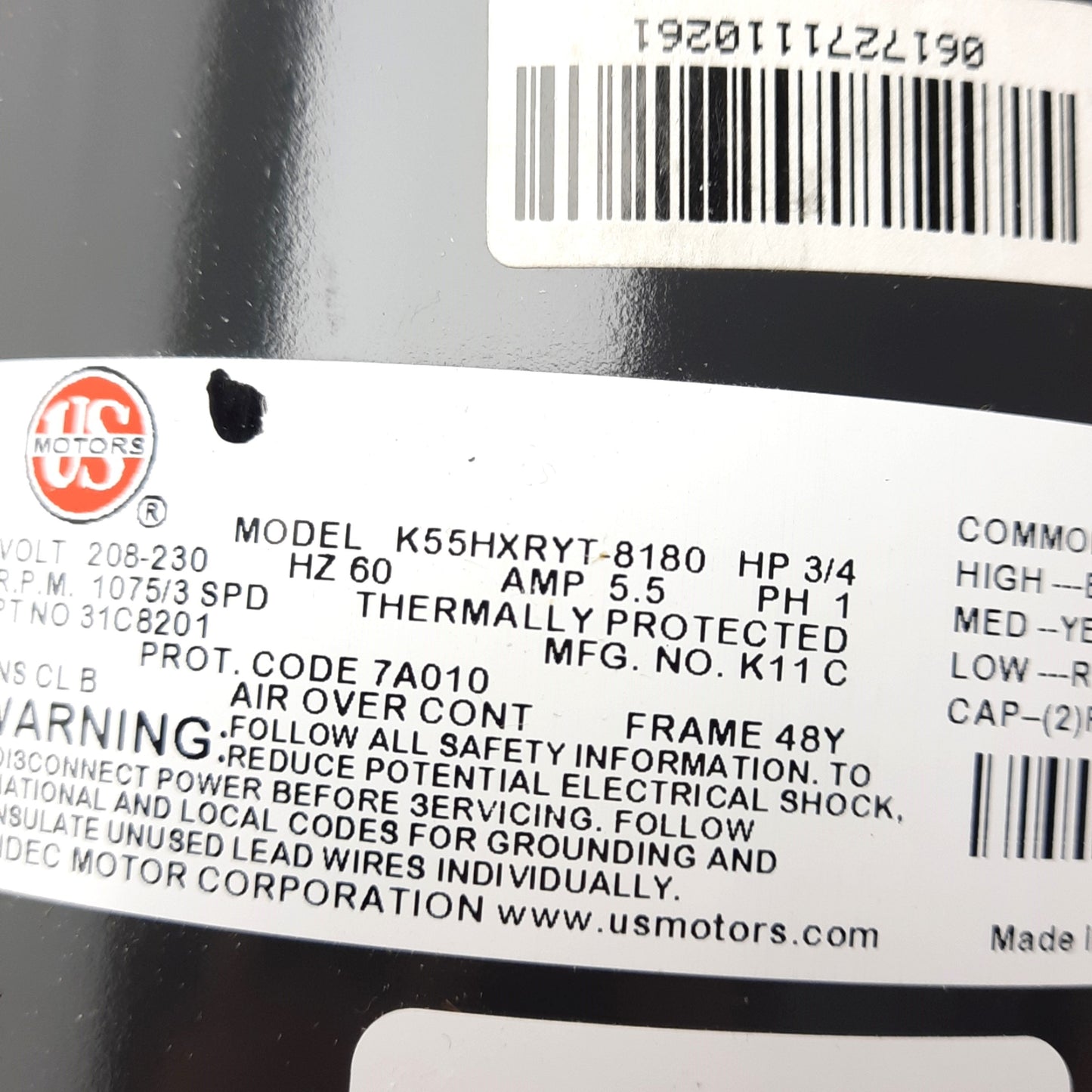 Used US Motors K55HXRYT-8180 Electric Motor, 208-230VAC 5.5A, 3/4HP, 1075RPM