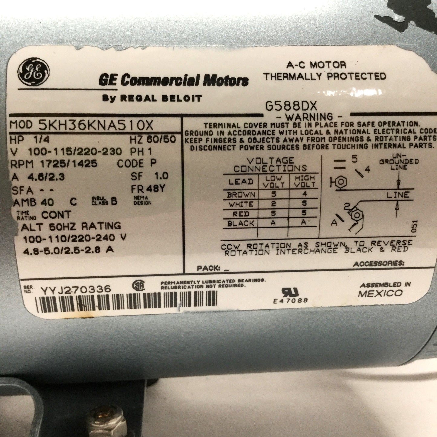 Used Gast 0523-101Q-G588DX Rotary Vane Vacuum Pump 100-115/220-230VAC, 1PH, 1/4HP