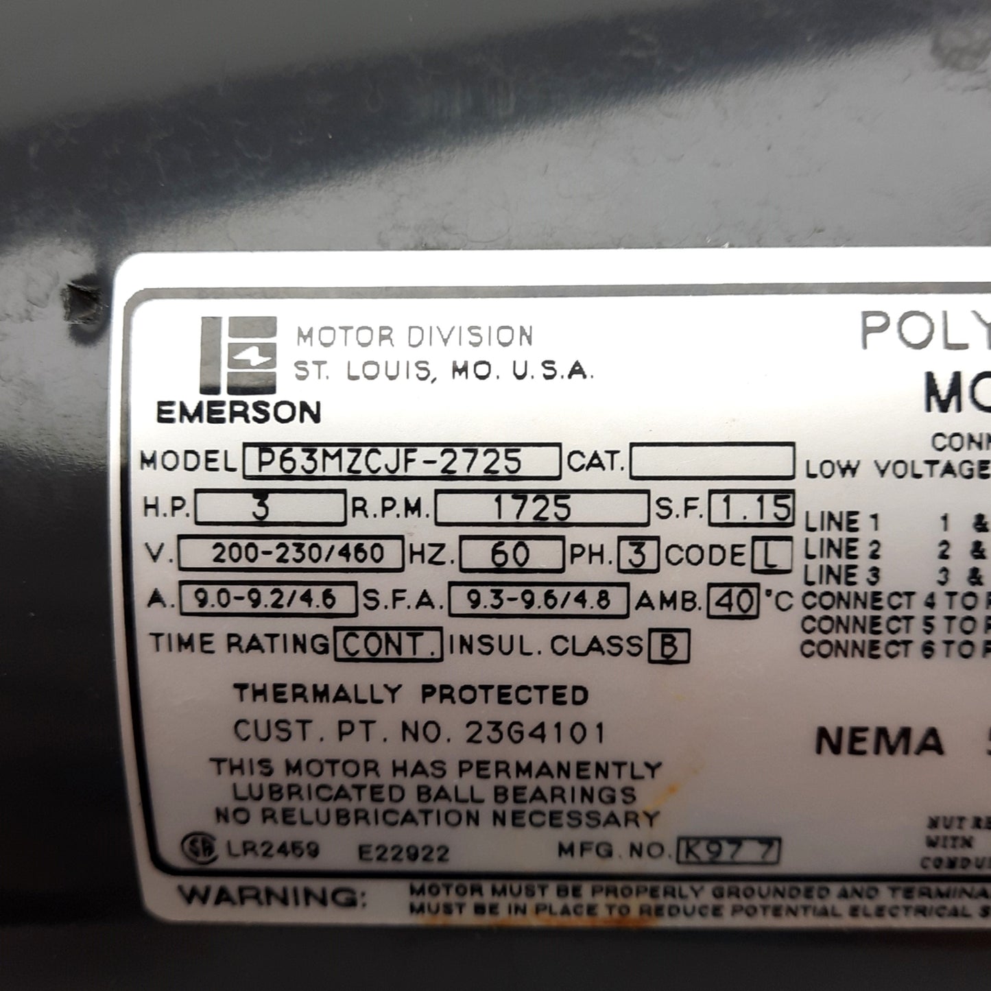 Used Emerson P63MZCJF-2725 Polyphase Motor 3PH 200-230/460VAC 3HP 1725RPM 56HZ Frame
