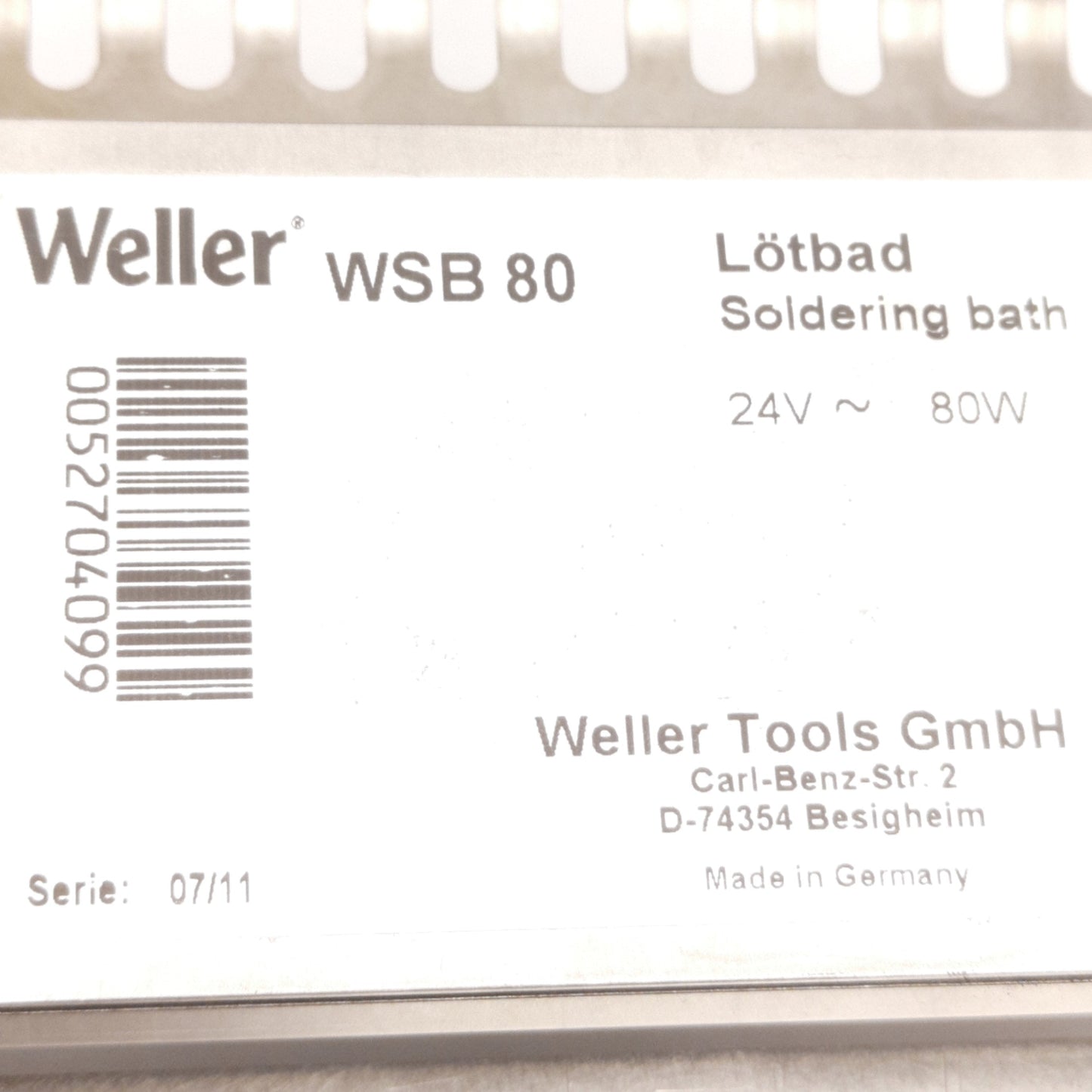 Used Weller WSB80 ESD Safe Soldering Bath 24VDC 50°C to 450°C, ø20.3mm x 24.9mm Depth