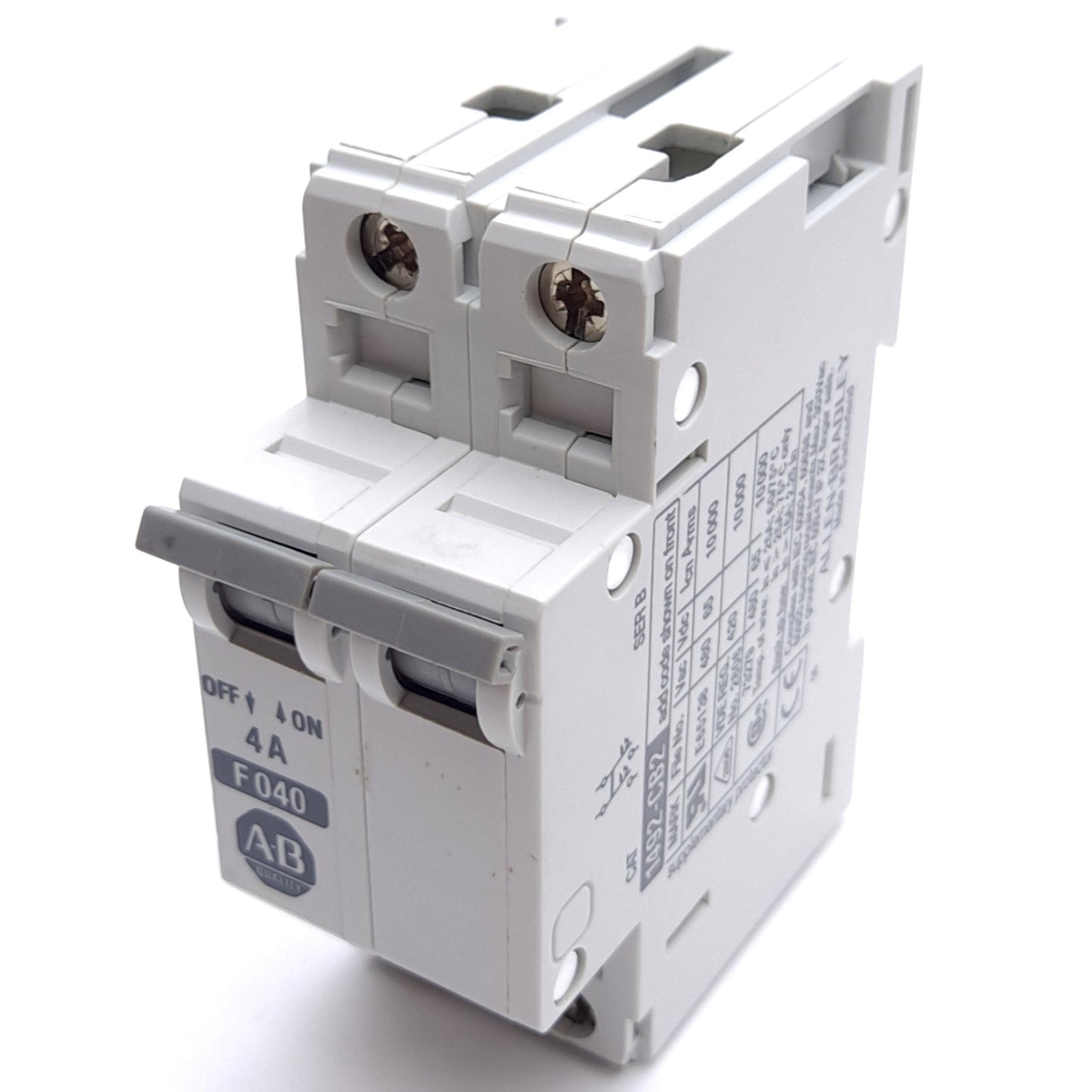 Used Allen Bradley 1492-CB2 F040 Circuit Breaker, 2-Pole, 4A 480VAC/65VDC Rated