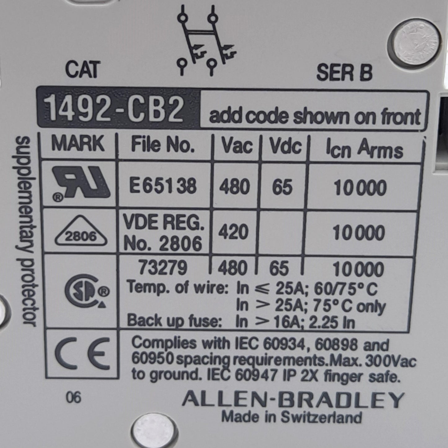 Used Allen Bradley 1492-CB2 F040 Circuit Breaker, 2-Pole, 4A 480VAC/65VDC Rated
