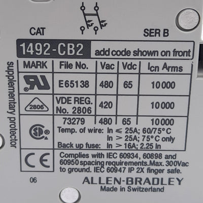 Used Allen Bradley 1492-CB2 F040 Circuit Breaker, 2-Pole, 4A 480VAC/65VDC Rated