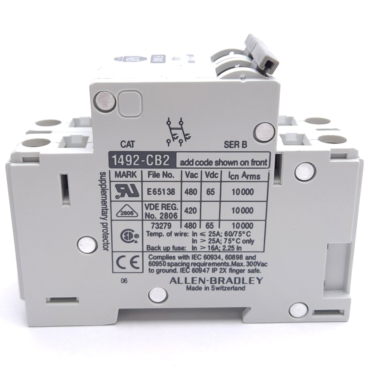 Used Allen Bradley 1492-CB2 F040 Circuit Breaker, 2-Pole, 4A 480VAC/65VDC Rated