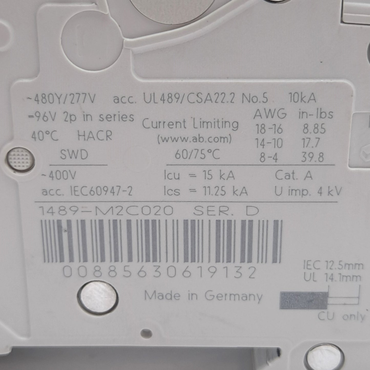Used Allen Bradley 1489-MC020 Circuit Breaker, 2-Pole, 2A 480Y/277VAC Rated