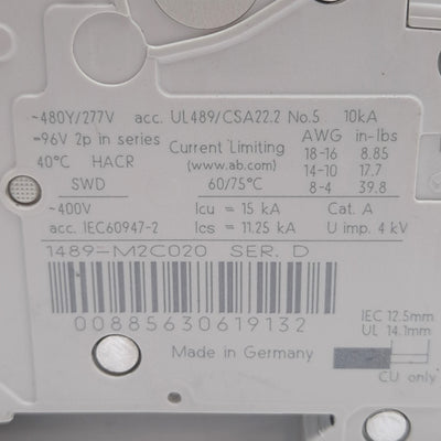 Used Allen Bradley 1489-MC020 Circuit Breaker, 2-Pole, 2A 480Y/277VAC Rated
