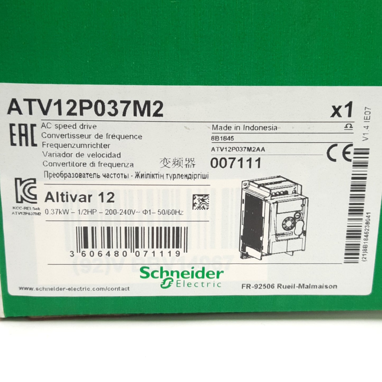 New Schneider Electric ATV12P037M2 AC Speed Drive, 1/2HP, 200-240VAC 1-Ph Input